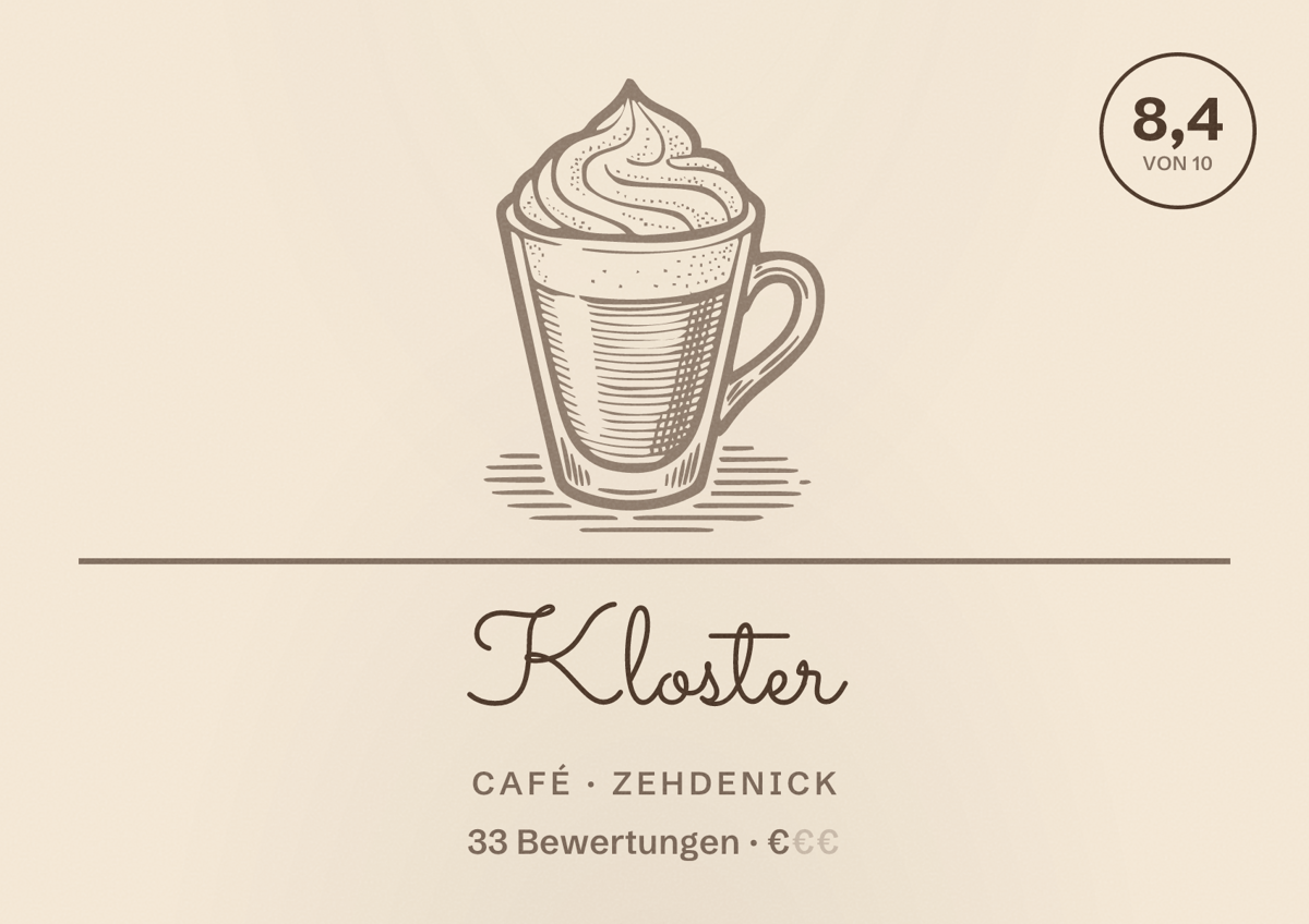 Illustriertes Poster von Kloster, Café in Zehdenick: Bewertung 8,4 von 10 aus 33 Bewertungen, Preisniveau €