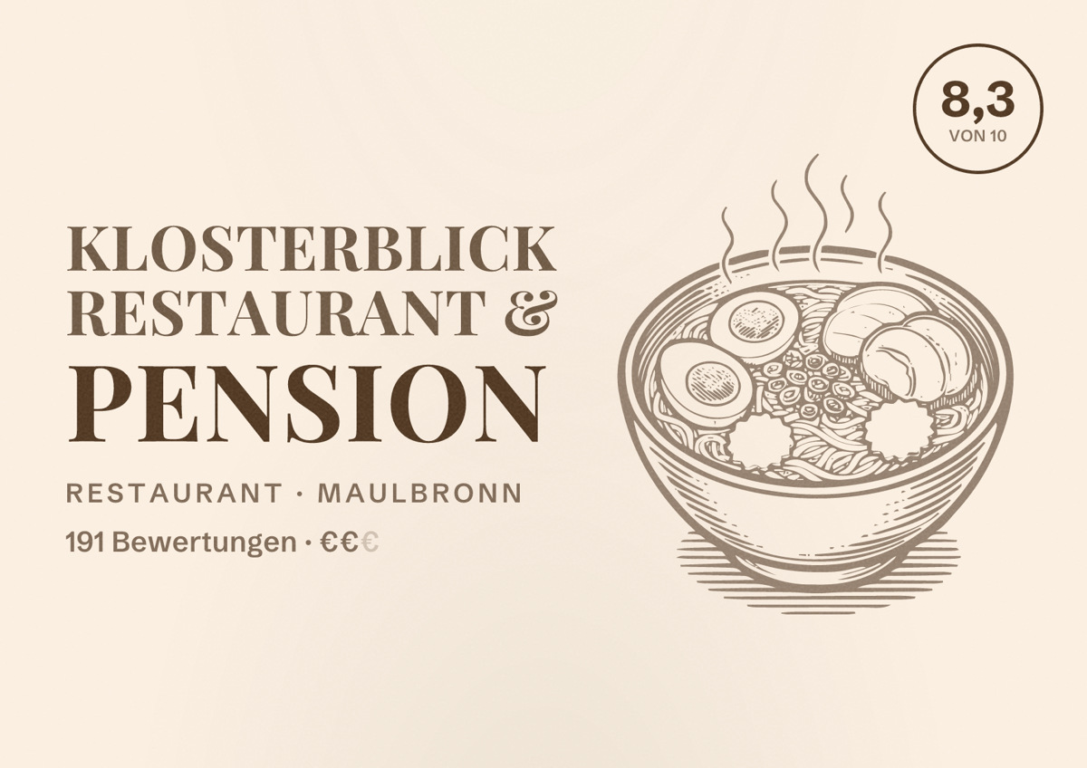 Illustriertes Poster von Klosterblick Restaurant & Pension, Restaurant in Maulbronn: Bewertung 8,3 von 10 aus 191 Bewertungen, Preisniveau €€