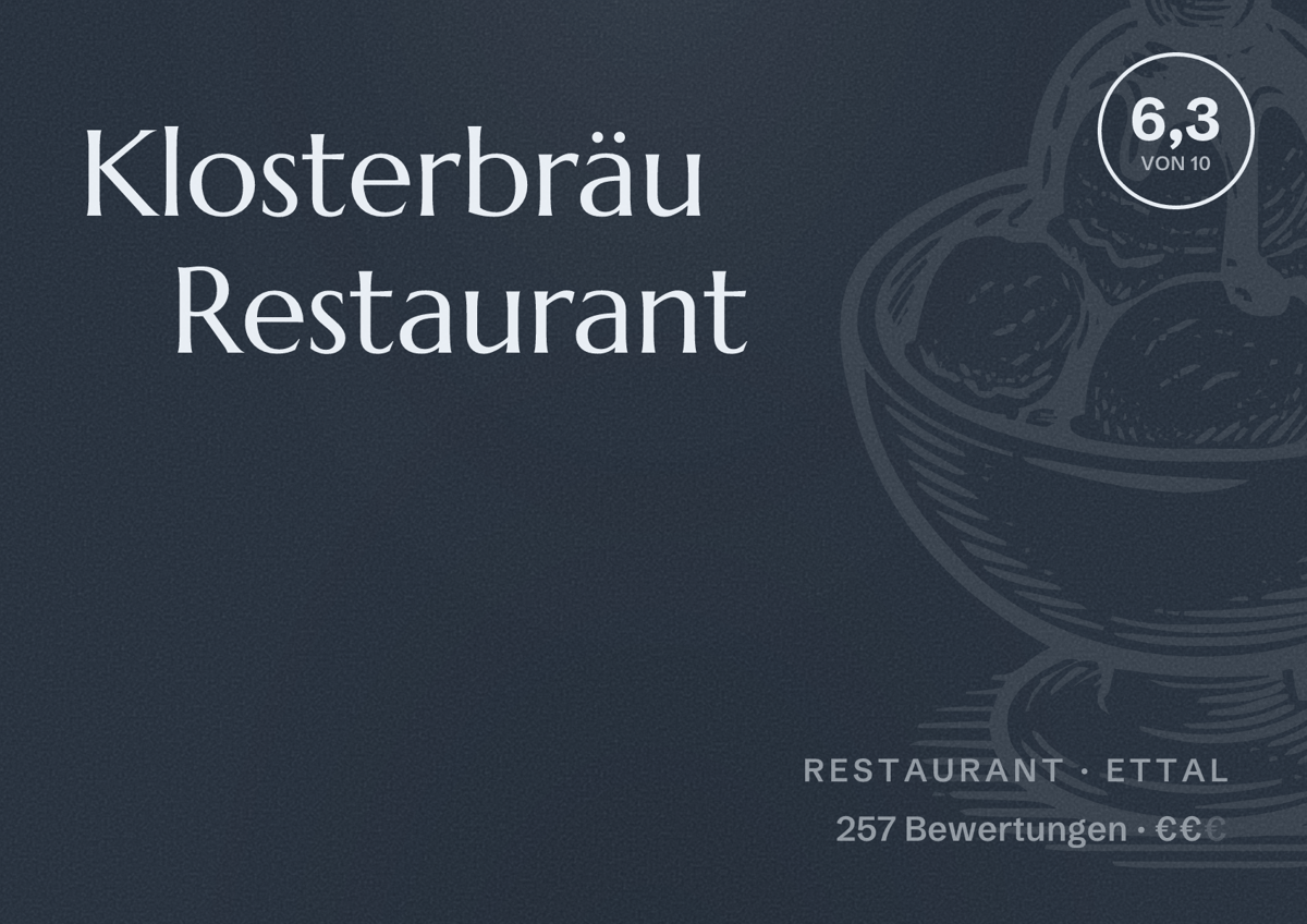 Illustriertes Poster von Klosterbräu Restaurant, Restaurant in Ettal: Bewertung 6,3 von 10 aus 257 Bewertungen, Preisniveau €€