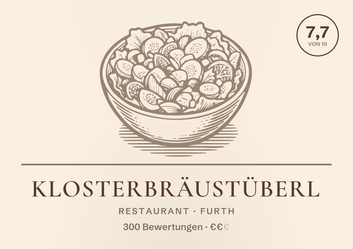 Illustriertes Poster von Klosterbräustüberl, Restaurant in Furth: Bewertung 7,7 von 10 aus 300 Bewertungen, Preisniveau €€
