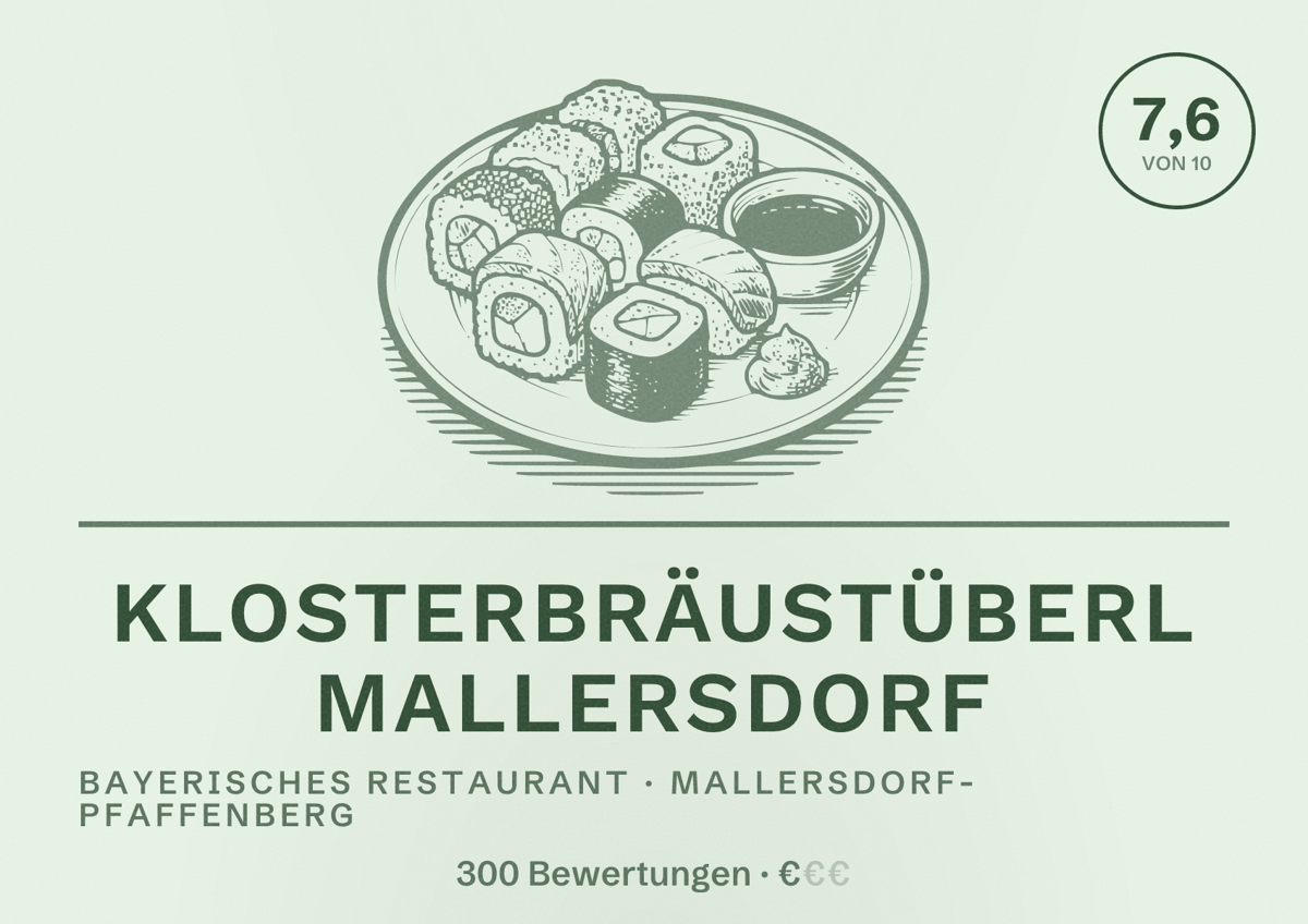 Illustriertes Poster von Klosterbräustüberl Mallersdorf, Bayerisches Restaurant in Mallersdorf-Pfaffenberg: Bewertung 7,6 von 10 aus 300 Bewertungen, Preisniveau €