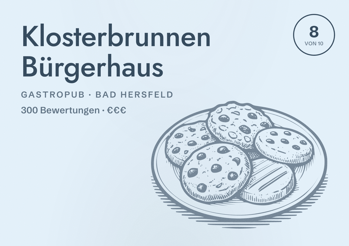Illustriertes Poster von Klosterbrunnen Bürgerhaus, Gastropub in Bad Hersfeld: Bewertung 8 von 10 aus 300 Bewertungen, Preisniveau €€€