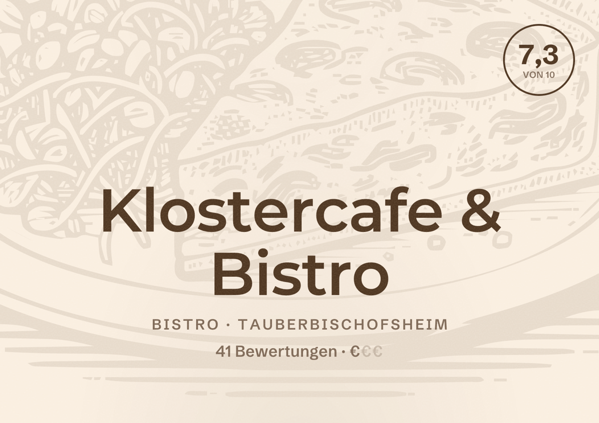 Illustriertes Poster von Klostercafe & Bistro, Bistro in Tauberbischofsheim: Bewertung 7,3 von 10 aus 41 Bewertungen, Preisniveau €