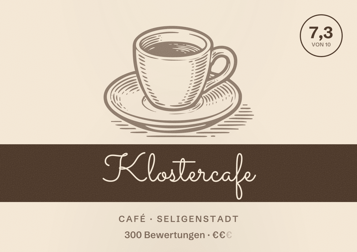 Illustriertes Poster von Klostercafe, Café in Seligenstadt: Bewertung 7,3 von 10 aus 300 Bewertungen, Preisniveau €€