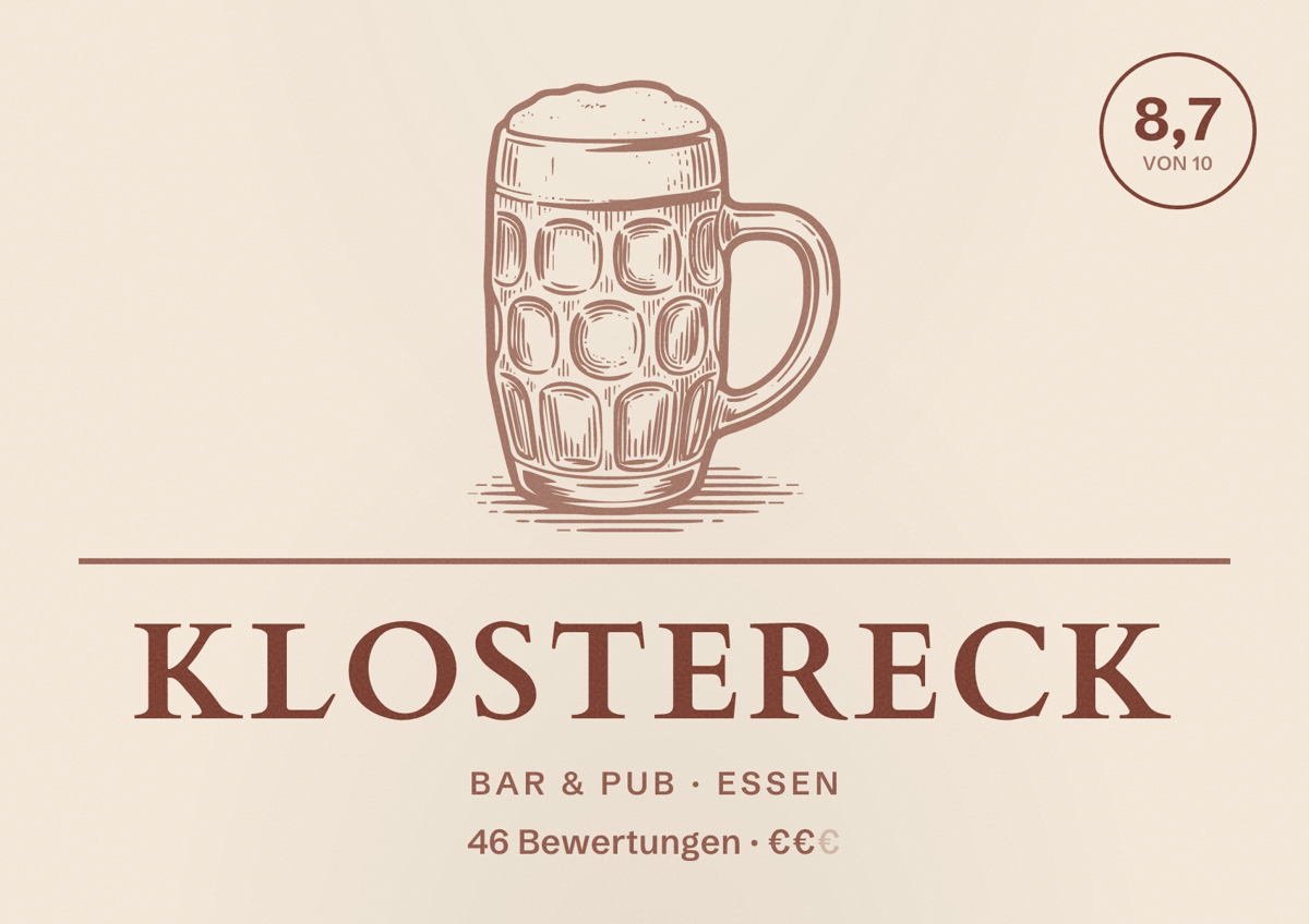 Illustriertes Poster von Klostereck, Bar & Pub in Essen: Bewertung 8,6 von 10 aus 36 Bewertungen, Preisniveau €