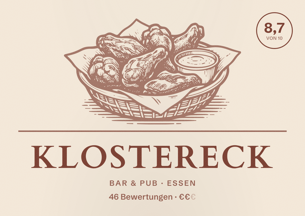 Illustriertes Poster von Klostereck, Bar & Pub in Essen: Bewertung 8,7 von 10 aus 46 Bewertungen, Preisniveau €€