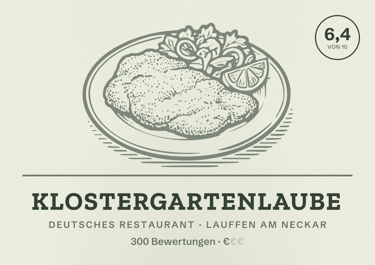 Illustriertes Poster von Klostergartenlaube, Deutsches Restaurant in Lauffen am Neckar: Bewertung 6,4 von 10 aus 300 Bewertungen, Preisniveau €