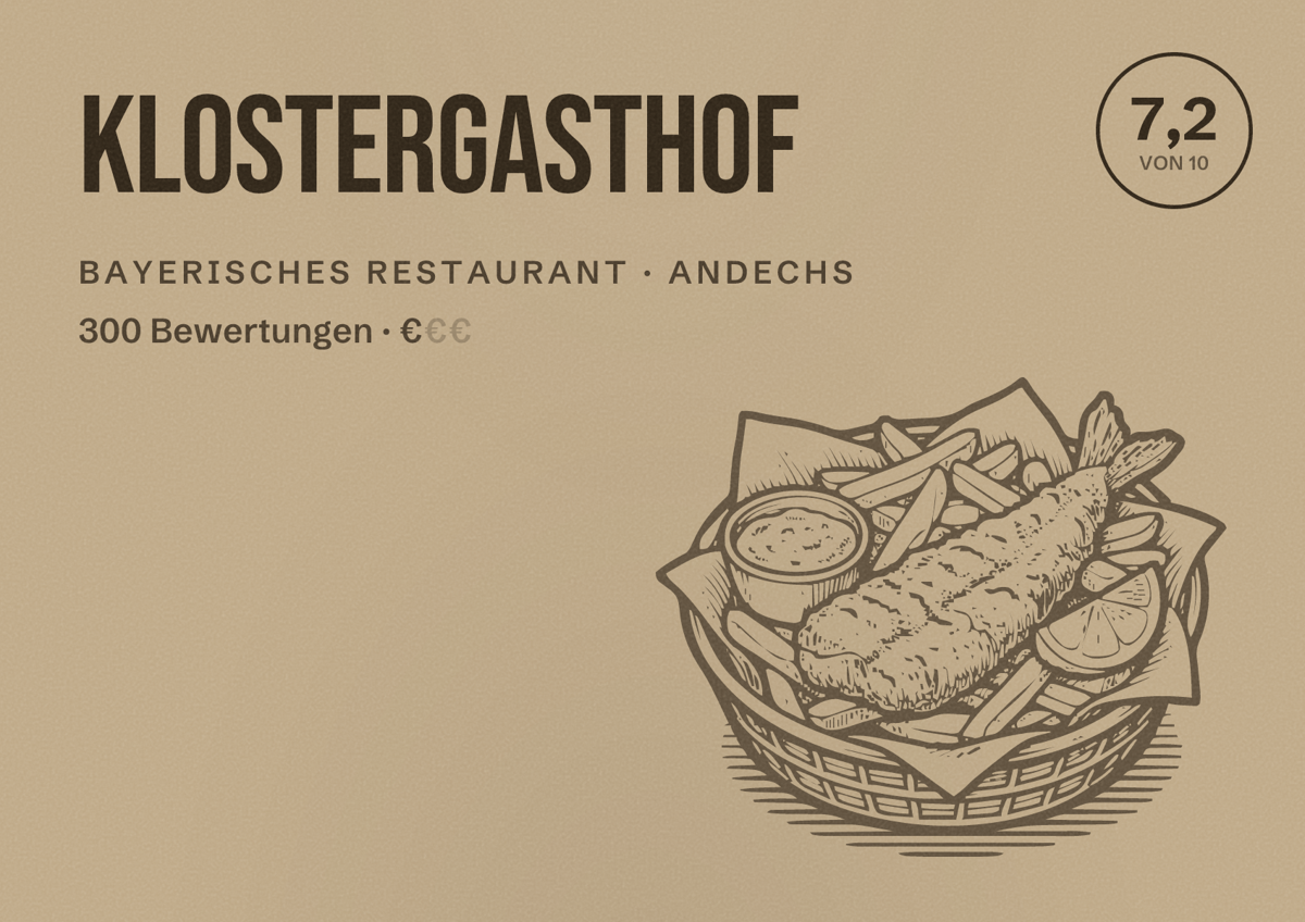 Illustriertes Poster von Klostergasthof, Bayerisches Restaurant in Andechs: Bewertung 7,2 von 10 aus 300 Bewertungen, Preisniveau €