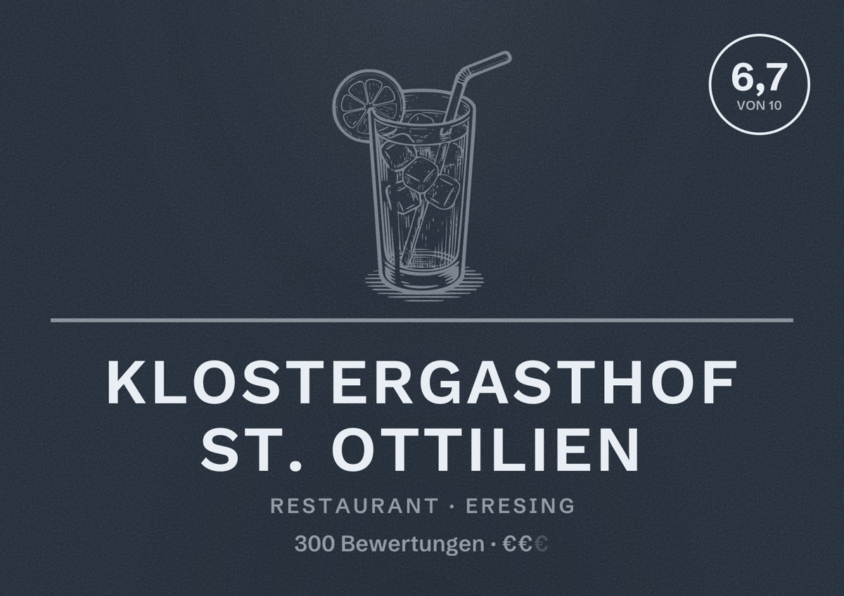 Illustriertes Poster von Klostergasthof St. Ottilien, Restaurant in Eresing: Bewertung 6,7 von 10 aus 300 Bewertungen, Preisniveau €€