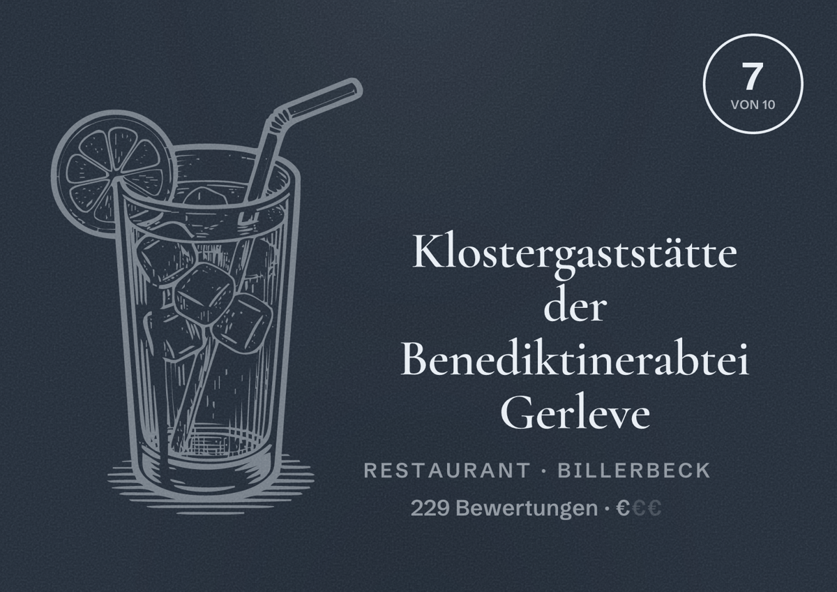 Illustriertes Poster von Klostergaststätte der Benediktinerabtei Gerleve, Restaurant in Billerbeck: Bewertung 7 von 10 aus 229 Bewertungen, Preisniveau €