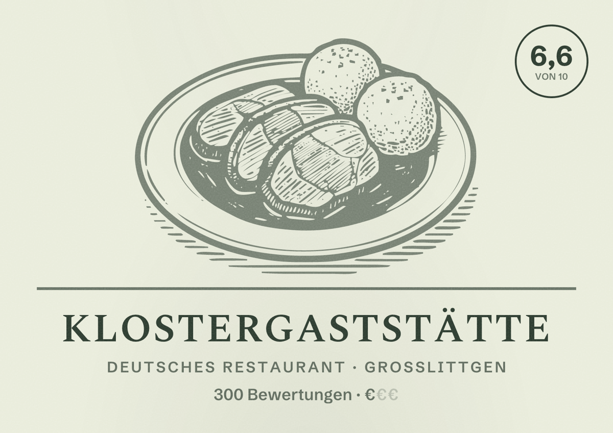 Illustriertes Poster von Klostergaststätte, Deutsches Restaurant in Großlittgen: Bewertung 6,6 von 10 aus 300 Bewertungen, Preisniveau €