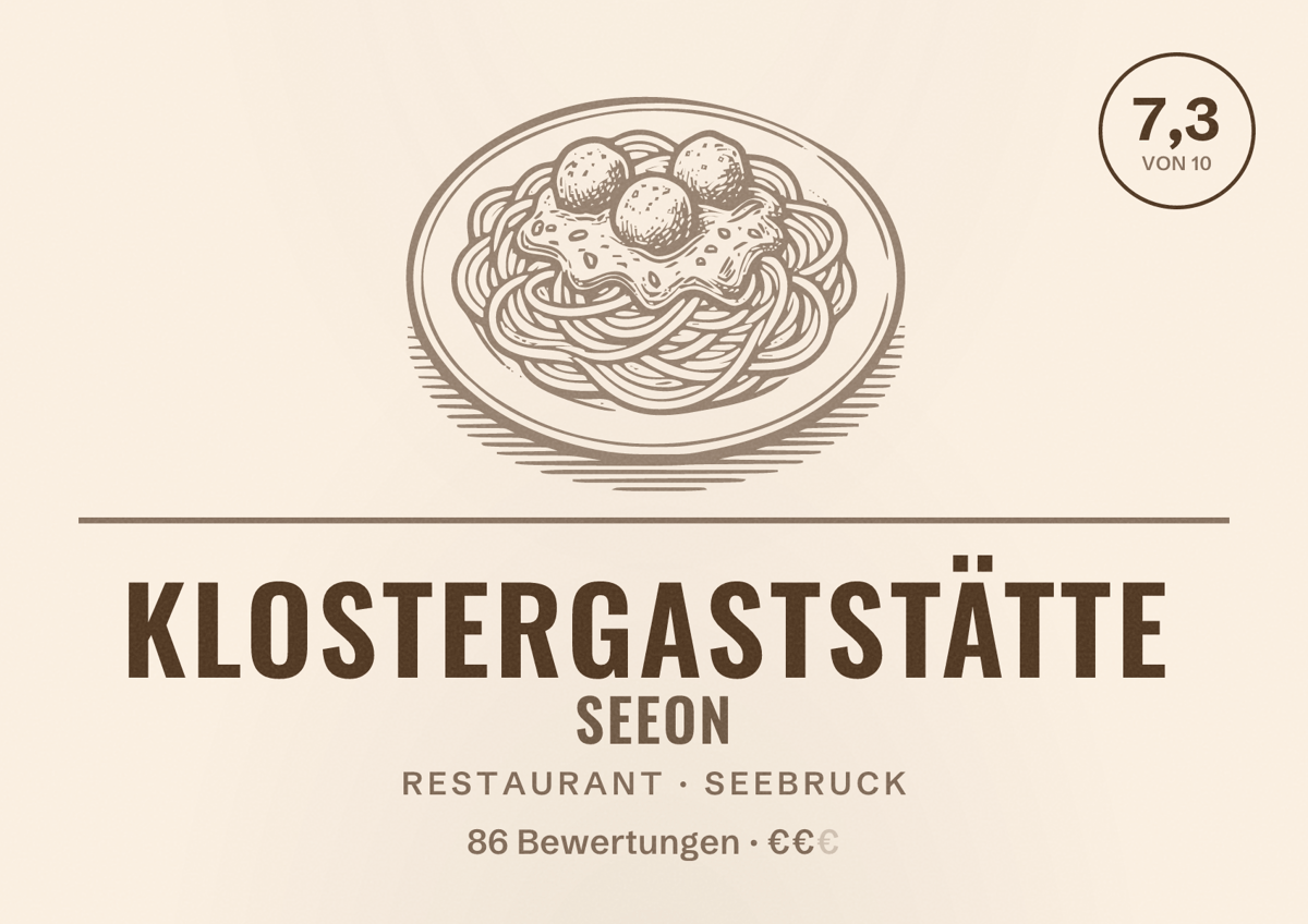 Illustriertes Poster von Klostergaststätte Seeon, Restaurant in Seebruck: Bewertung 7,3 von 10 aus 86 Bewertungen, Preisniveau €€