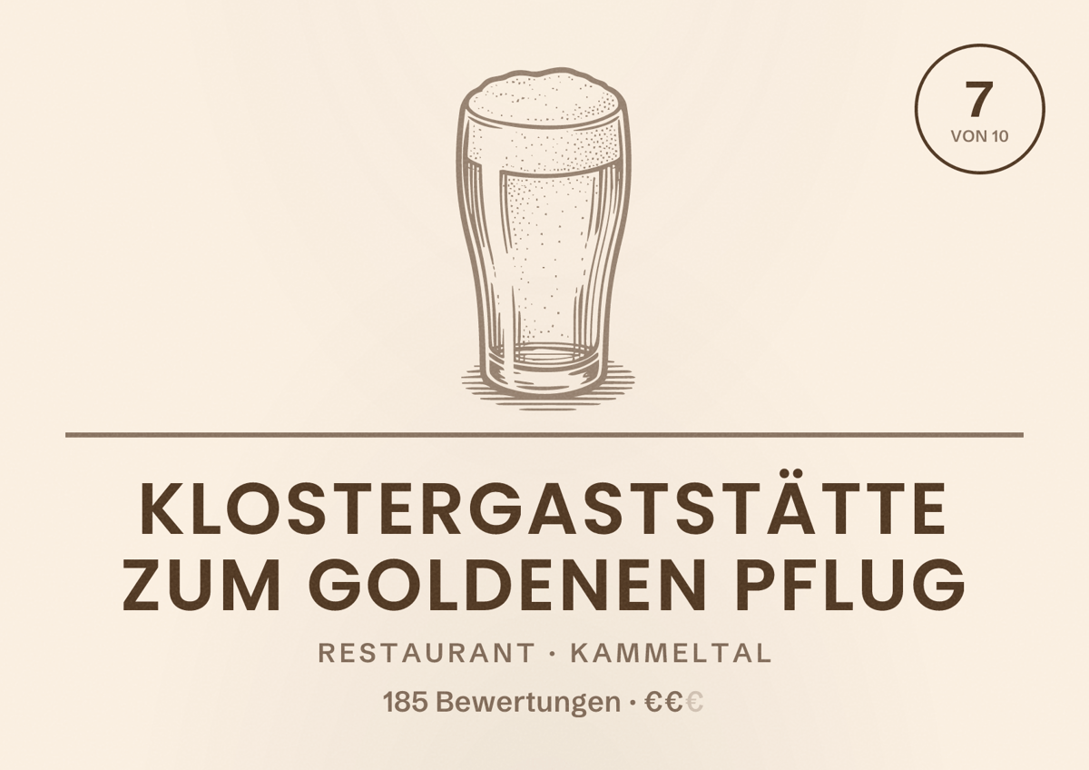 Illustriertes Poster von Klostergaststätte Zum Goldenen Pflug, Restaurant in Kammeltal: Bewertung 7 von 10 aus 185 Bewertungen, Preisniveau €€