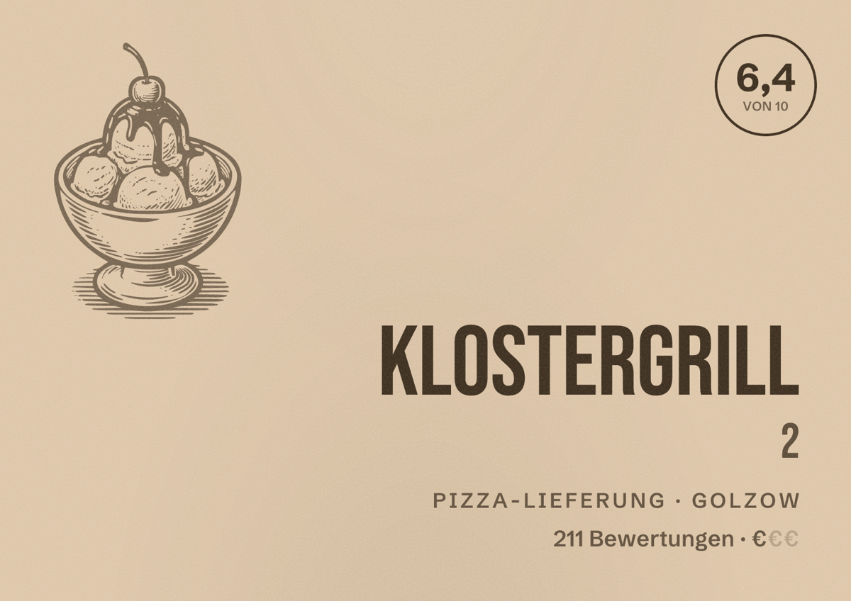 Illustriertes Poster von Klostergrill 2, Pizza-Lieferung in Golzow: Bewertung 6,4 von 10 aus 211 Bewertungen, Preisniveau €