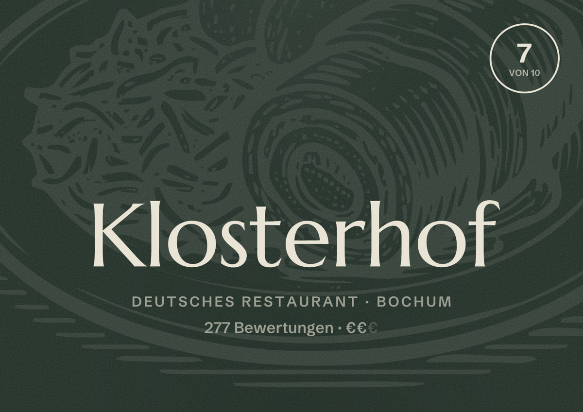 Illustriertes Poster von Klosterhof, Deutsches Restaurant in Bochum: Bewertung 7 von 10 aus 277 Bewertungen, Preisniveau €€