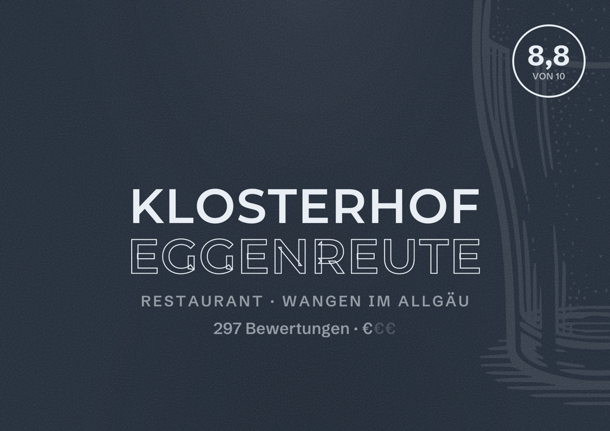 Illustriertes Poster von Klosterhof Eggenreute, Restaurant in Wangen im Allgäu: Bewertung 8,8 von 10 aus 297 Bewertungen, Preisniveau €