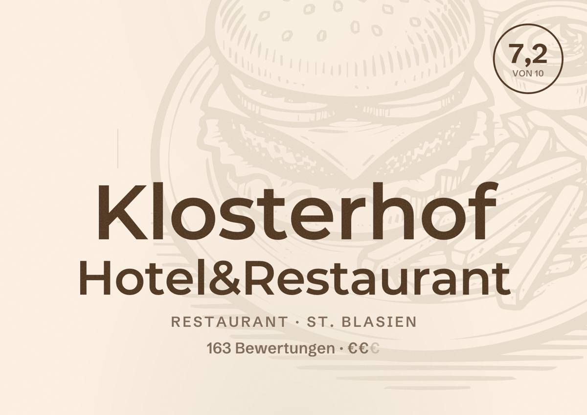 Illustriertes Poster von Klosterhof Hotel&Restaurant, Restaurant in St. Blasien: Bewertung 7,2 von 10 aus 163 Bewertungen, Preisniveau €€