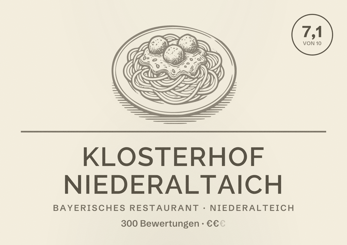 Illustriertes Poster von Klosterhof Niederaltaich, Bayerisches Restaurant in Niederalteich: Bewertung 7,1 von 10 aus 300 Bewertungen, Preisniveau €€