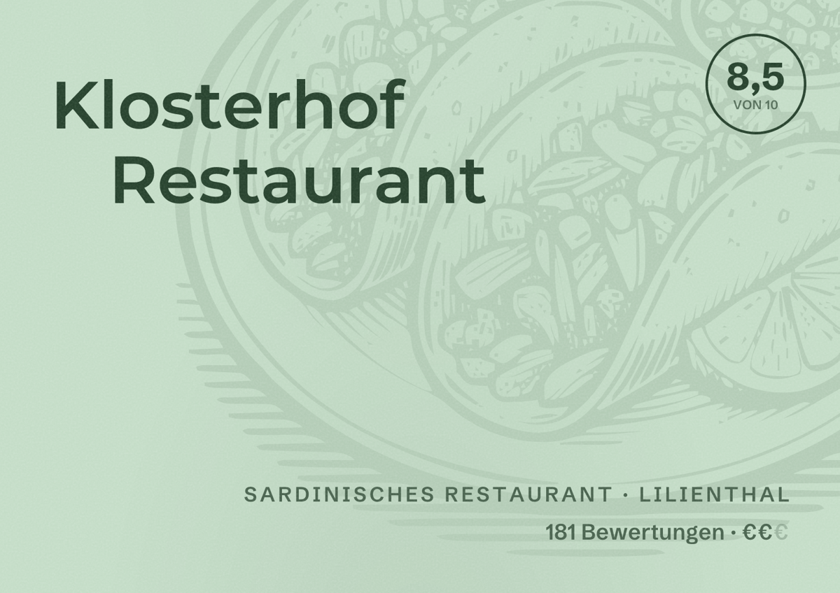 Illustriertes Poster von Klosterhof Restaurant, Sardinisches Restaurant in Lilienthal: Bewertung 8,5 von 10 aus 181 Bewertungen, Preisniveau €€