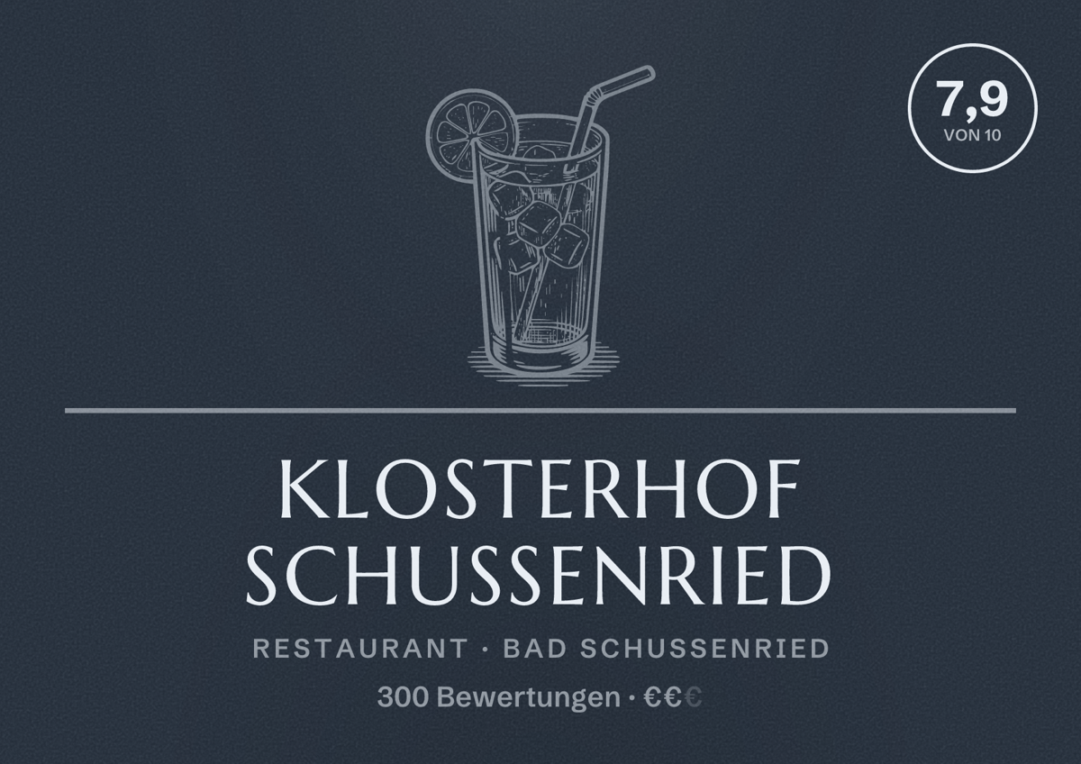 Illustriertes Poster von Klosterhof Schussenried, Restaurant in Bad Schussenried: Bewertung 7,9 von 10 aus 300 Bewertungen, Preisniveau €€