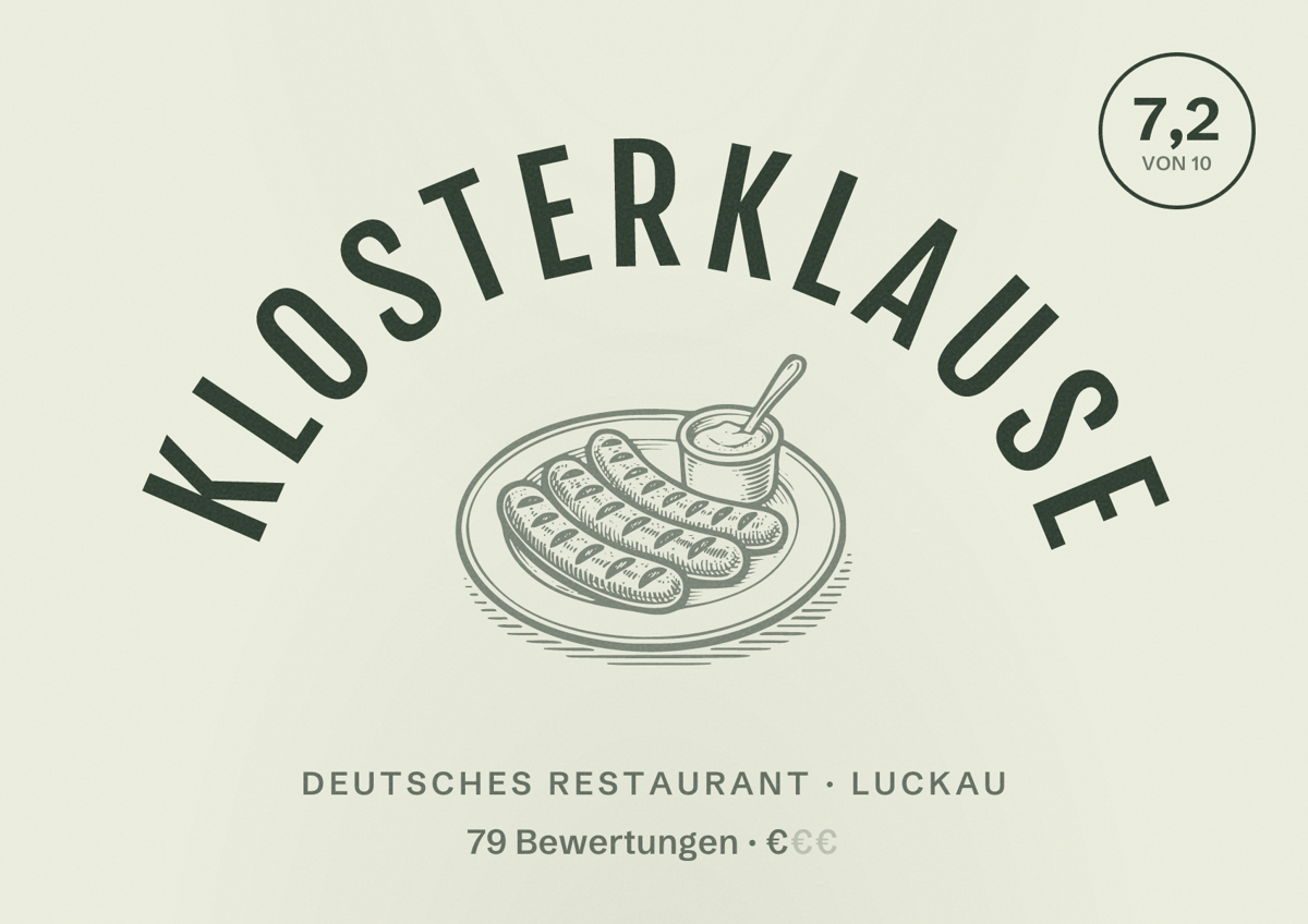 Illustriertes Poster von Klosterklause, Deutsches Restaurant in Luckau: Bewertung 7,2 von 10 aus 79 Bewertungen, Preisniveau €