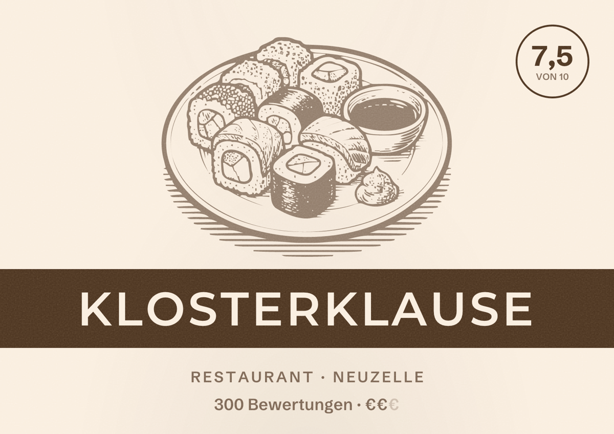 Illustriertes Poster von Klosterklause, Restaurant in Neuzelle: Bewertung 7,5 von 10 aus 300 Bewertungen, Preisniveau €€