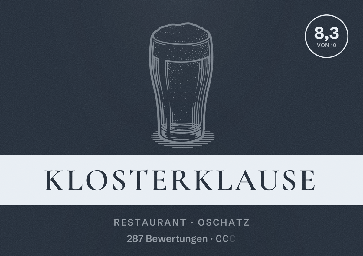 Illustriertes Poster von Klosterklause, Restaurant in Oschatz: Bewertung 8,3 von 10 aus 287 Bewertungen, Preisniveau €€