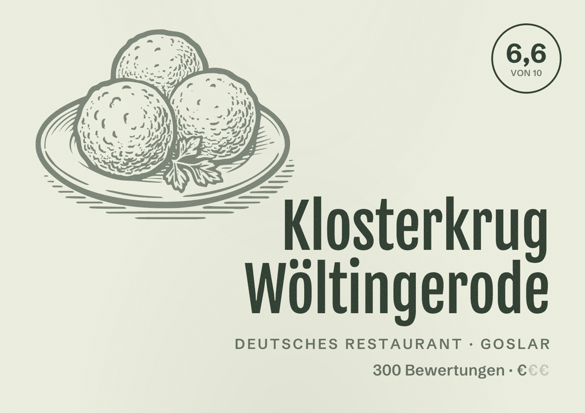 Illustriertes Poster von Klosterkrug Wöltingerode, Deutsches Restaurant in Goslar: Bewertung 6,6 von 10 aus 300 Bewertungen, Preisniveau €