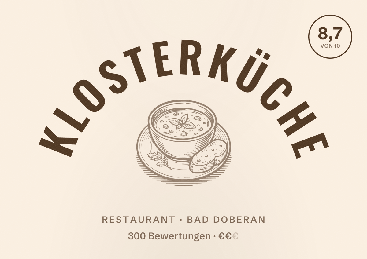 Illustriertes Poster von Klosterküche, Restaurant in Bad Doberan: Bewertung 8,7 von 10 aus 300 Bewertungen, Preisniveau €€