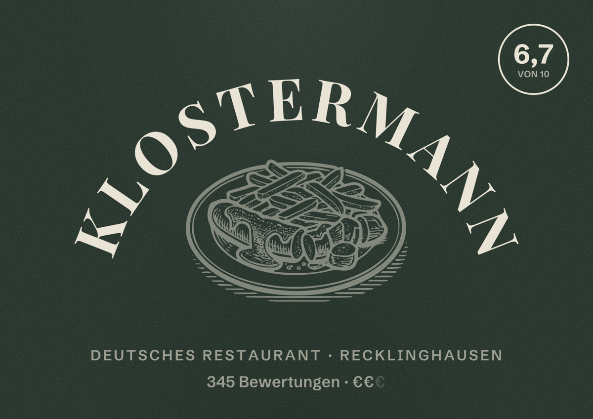 Illustriertes Poster von Klostermann, Deutsches Restaurant in Recklinghausen: Bewertung 6,7 von 10 aus 345 Bewertungen, Preisniveau €€