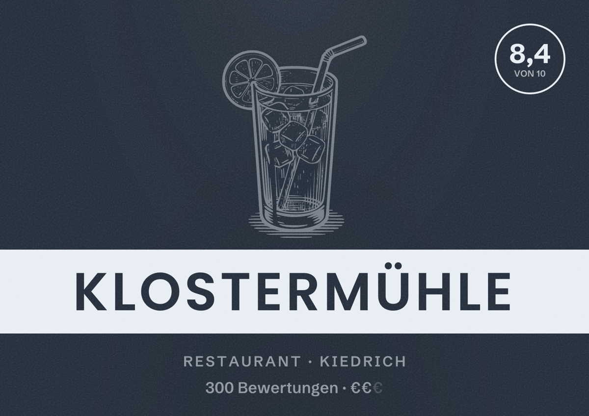 Illustriertes Poster von Klostermühle, Restaurant in Kiedrich: Bewertung 8,4 von 10 aus 300 Bewertungen, Preisniveau €€