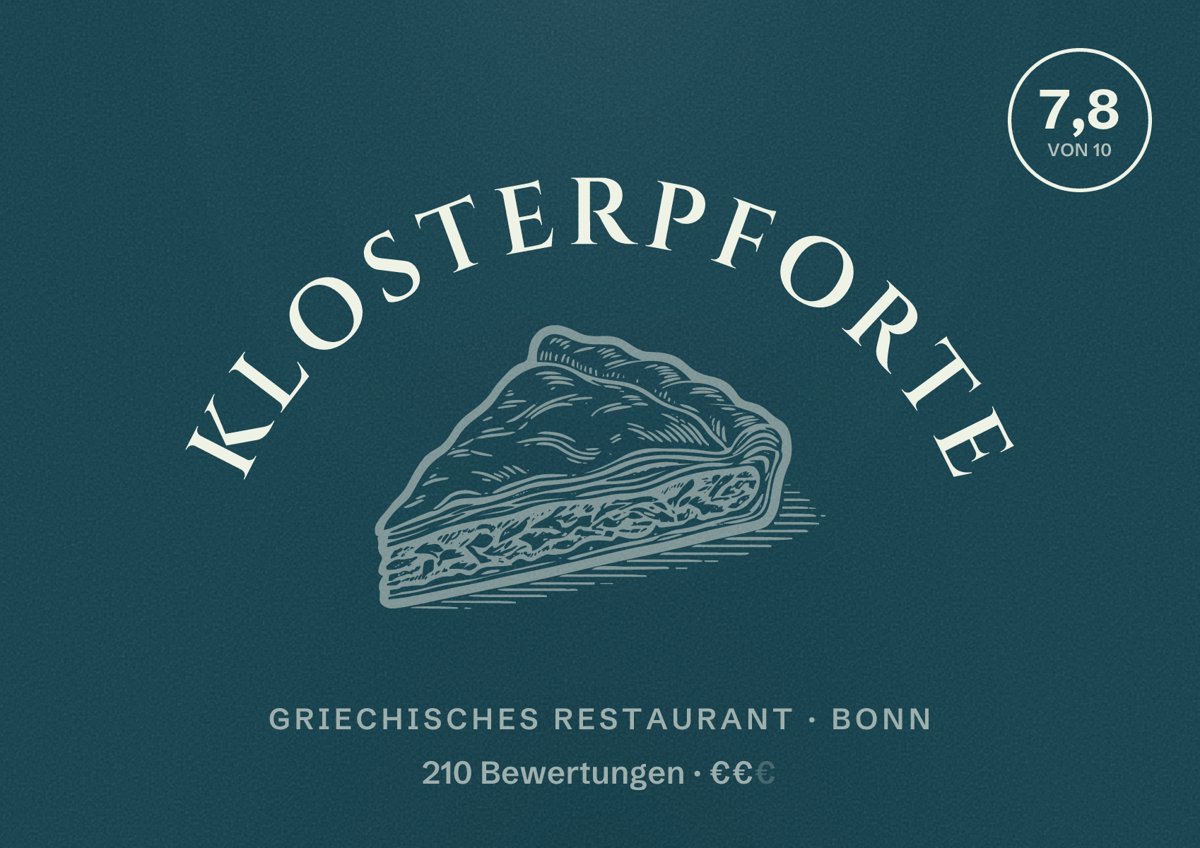 Illustriertes Poster von Klosterpforte, Griechisches Restaurant in Bonn: Bewertung 7,8 von 10 aus 210 Bewertungen, Preisniveau €€