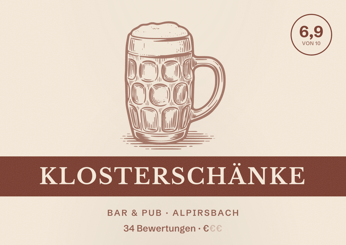 Illustriertes Poster von Klosterschänke, Bar & Pub in Alpirsbach: Bewertung 6,9 von 10 aus 34 Bewertungen, Preisniveau €