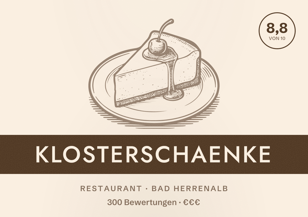 Illustriertes Poster von Klosterschaenke, Restaurant in Bad Herrenalb: Bewertung 8,8 von 10 aus 300 Bewertungen, Preisniveau €€€