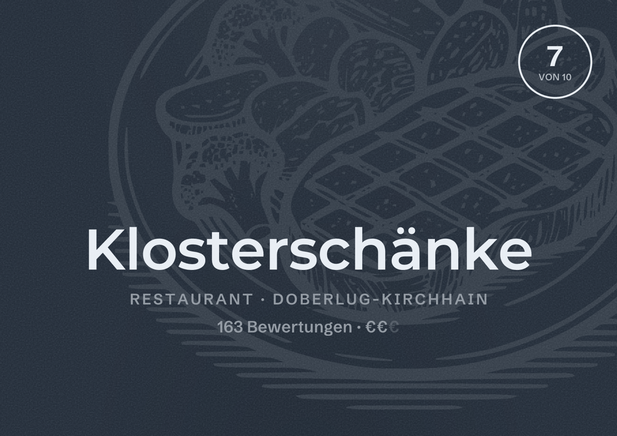 Illustriertes Poster von Klosterschänke, Restaurant in Doberlug-Kirchhain: Bewertung 7 von 10 aus 163 Bewertungen, Preisniveau €€