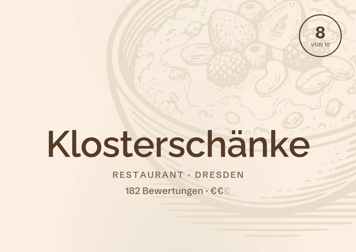 Illustriertes Poster von Klosterschänke, Restaurant in Dresden: Bewertung 8 von 10 aus 182 Bewertungen, Preisniveau €€