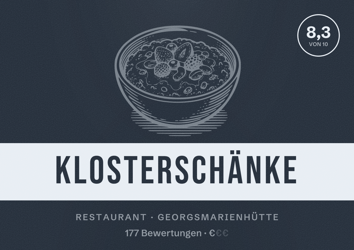 Illustriertes Poster von Klosterschänke, Restaurant in Georgsmarienhütte: Bewertung 8,3 von 10 aus 177 Bewertungen, Preisniveau €