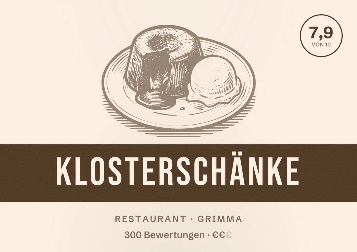 Illustriertes Poster von Klosterschänke, Restaurant in Grimma: Bewertung 7,9 von 10 aus 300 Bewertungen, Preisniveau €€