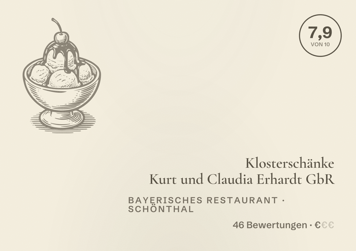 Illustriertes Poster von Klosterschänke Kurt und Claudia Erhardt GbR, Bayerisches Restaurant in Schönthal: Bewertung 7,9 von 10 aus 46 Bewertungen, Preisniveau €