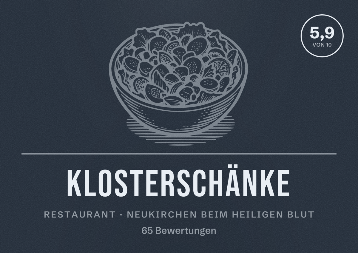 Illustriertes Poster von Klosterschänke, Restaurant in Neukirchen beim Heiligen Blut: Bewertung 5,9 von 10 aus 65 Bewertungen