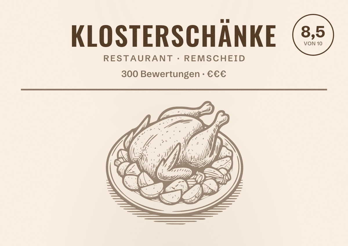 Illustriertes Poster von Klosterschänke, Restaurant in Remscheid: Bewertung 8,5 von 10 aus 300 Bewertungen, Preisniveau €€€