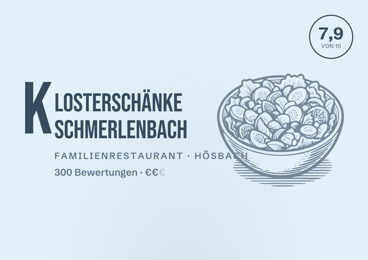 Illustriertes Poster von Klosterschänke Schmerlenbach, Familienrestaurant in Hösbach: Bewertung 7,9 von 10 aus 300 Bewertungen, Preisniveau €€