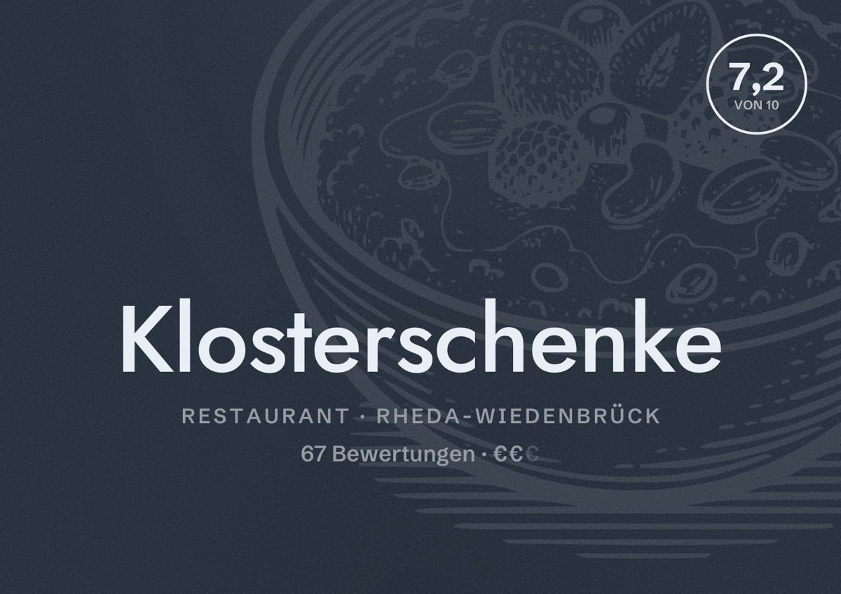 Illustriertes Poster von Klosterschenke, Restaurant in Rheda-Wiedenbrück: Bewertung 7,2 von 10 aus 67 Bewertungen, Preisniveau €€