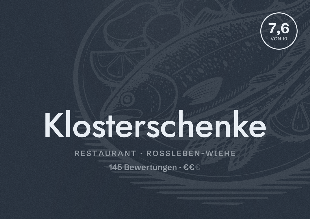 Illustriertes Poster von Klosterschenke, Restaurant in Roßleben-Wiehe: Bewertung 7,6 von 10 aus 145 Bewertungen, Preisniveau €€