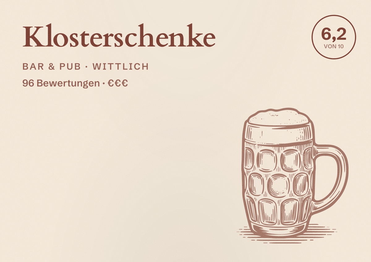 Illustriertes Poster von Klosterschenke, Bar & Pub in Wittlich: Bewertung 6,2 von 10 aus 96 Bewertungen, Preisniveau €€€