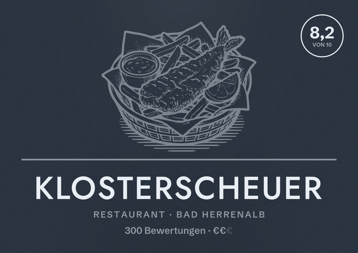 Illustriertes Poster von Klosterscheuer, Restaurant in Bad Herrenalb: Bewertung 8,2 von 10 aus 300 Bewertungen, Preisniveau €€
