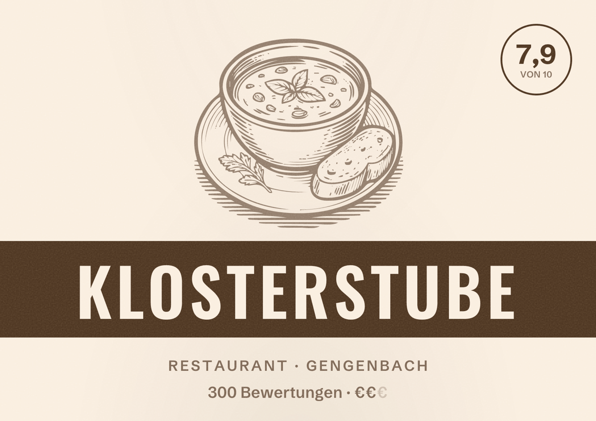 Illustriertes Poster von Klosterstube, Restaurant in Gengenbach: Bewertung 7,9 von 10 aus 300 Bewertungen, Preisniveau €€