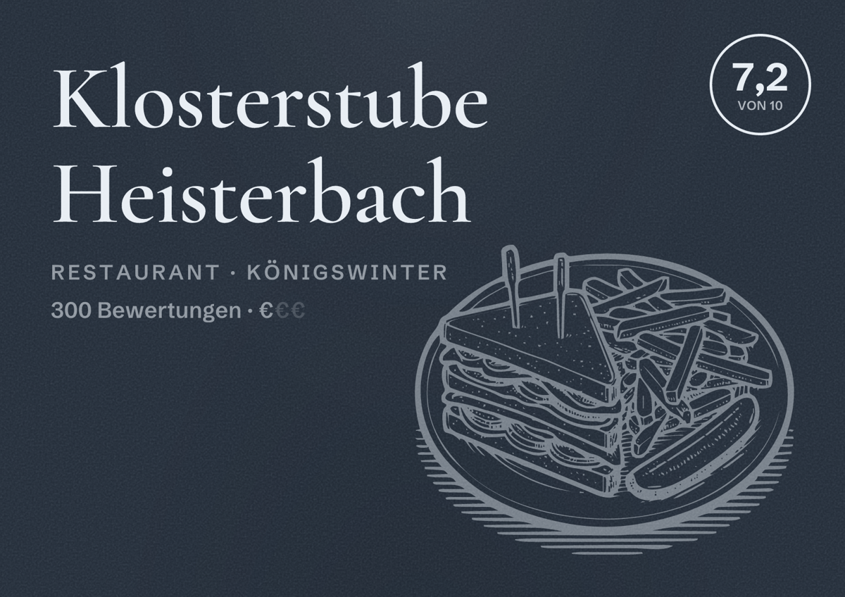Illustriertes Poster von Klosterstube Heisterbach, Restaurant in Königswinter: Bewertung 7,2 von 10 aus 300 Bewertungen, Preisniveau €