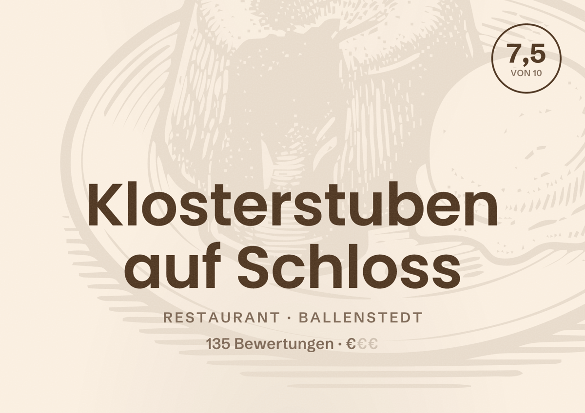 Illustriertes Poster von Klosterstuben auf Schloss, Restaurant in Ballenstedt: Bewertung 7,5 von 10 aus 135 Bewertungen, Preisniveau €