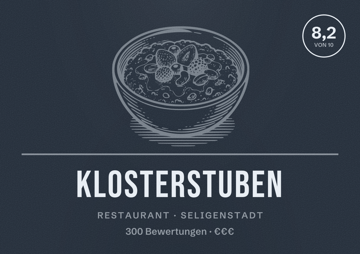 Illustriertes Poster von Klosterstuben, Restaurant in Seligenstadt: Bewertung 8,2 von 10 aus 300 Bewertungen, Preisniveau €€€